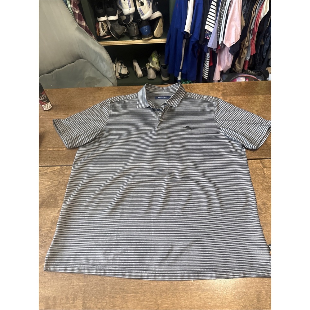 TOMMY BAHAMA POLO GOLF MENS LARGE BLACK GREY SOFT SMOOTH STRIPED Golf‎ Pima